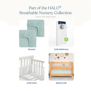 Four nursery items are shown: HALO Fitted Crib Sheets 100% Organic Cotton Muslin 2 Pack, a crib mattress in packaging, a crib liner on a white crib, and a mesh crib with baby. Text reads Part of the HALO® Breathable Nursery Collection.