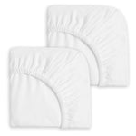 Two folded HALO Mini Crib Sheet 100% Cotton 2-Pack fitted sheets with elastic edges, overlapping on a plain white background—perfect for your nursery or the HALO Breathable Mesh Mini Crib.