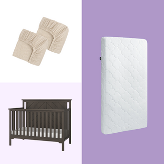 A collage showcases the HALO Hampton Crib Nursery Bundle: two beige crib sheets, a quilted breathable mattress, and a dark wood convertible crib, all set on a split white and purple backdrop.