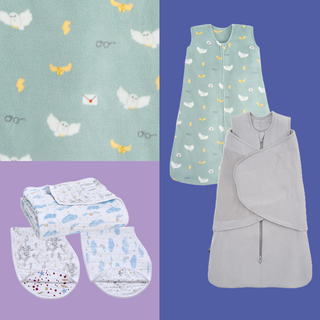 A collage of the HALO Harry Potter Bundle: a green wearable blanket sleep sack, grey swaddle, bamboo swaddle blankets, and close-up of magical green fabric with owls, glasses, lightning bolts, and letters.