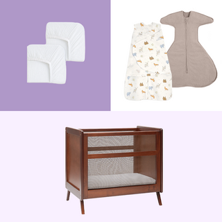 The HALO Mini Crib Essentials Bundle includes two white crib sheets, two SleepSack Swaddles (gray and animal print), and a mesh-sided mini crib, all set against a purple-lavender background—perfect for cozy newborn sleep.