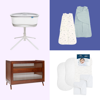 The HALO Nest-to-Crib Bundle includes a white bassinet, two swaddle blankets (one is a 3-in-1), a wooden crib with mesh sides, and white mattress pads—ideal for smooth transitions or pairing with a breathable crib mattress.