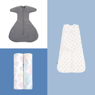 A gray aden + anais SleepSack Swaddle wearable baby swaddle, a patterned white swaddle for newborns, and two rolled patterned muslin blankets are arranged on a blue and lavender split background—an ideal display of the aden + anais Swaddle Box Bundle.