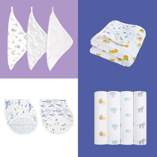 The aden + anais Organic Baby Essentials Bundle includes three hanging washcloths, a folded duck-print dream blanket, two animal-patterned swaddles, and three muslin blankets with elephant and giraffe prints.