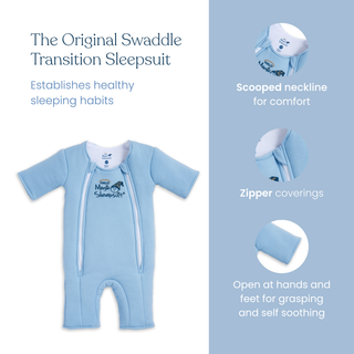 The HALO Baby Merlin's Magic Sleepsuit® 100% Cotton in light blue transitions babies from swaddling, features a scooped neckline, zipper covers, hand and foot openings, and encourages self-soothing for healthy sleep during regressions.