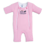 The HALO Baby Merlin's Magic Sleepsuit® 100% Cotton is a pink, long-sleeved, footed baby sleepsuit with two front zippers and a chest logo featuring a sleeping moon—ideal for swaddle transition.