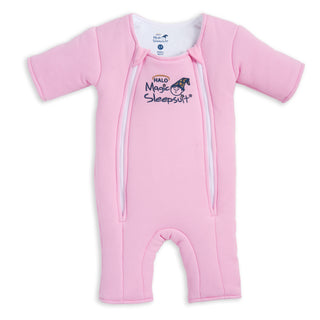 The HALO Baby Merlin's Magic Sleepsuit® 100% Cotton is a pink, long-sleeved, footed baby sleepsuit with two front zippers and a chest logo featuring a sleeping moon—ideal for swaddle transition.
