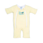 Yellow micro-fleece Baby Merlin's Magic Sleepsuit with logo on a white background