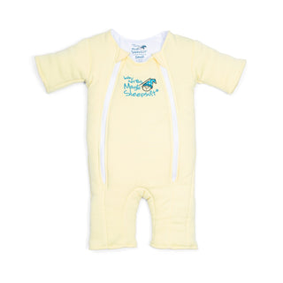 Yellow micro-fleece Baby Merlin's Magic Sleepsuit with logo on a white background