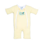 The HALO Baby Merlin’s Magic Sleepsuit® 100% Cotton is a pale yellow short-sleeve, short-leg sleepsuit with dual white front zippers and a blue-yellow penguin logo on the chest—perfect for swaddle transition.