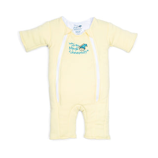 The HALO Baby Merlin’s Magic Sleepsuit® 100% Cotton is a pale yellow short-sleeve, short-leg sleepsuit with dual white front zippers and a blue-yellow penguin logo on the chest—perfect for swaddle transition.