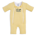 The HALO Baby Merlin's Magic Sleepsuit® 100% Cotton is a yellow, short-sleeve, short-leg baby suit with two white front zippers and a moon and stars logo—ideal for swaddle transition.