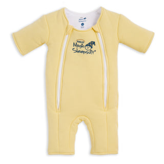 The HALO Baby Merlin's Magic Sleepsuit® 100% Cotton is a yellow, short-sleeve, short-leg baby suit with two white front zippers and a moon and stars logo—ideal for swaddle transition.