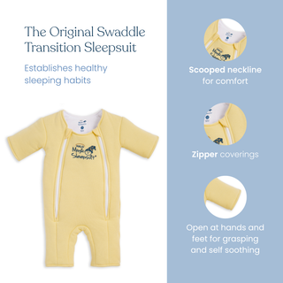The HALO Baby Merlin's Magic Sleepsuit® 100% Cotton features zipper coverings, a scooped neckline, and open hands and feet—perfect for swaddle transition. Close-up images highlight comfort inspired by the original Magic Sleepsuit.