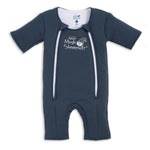 The HALO Baby Merlin's Magic Sleepsuit® 100% Cotton in dark gray features short sleeves and legs, two front zippers, white logo with a sleeping moon graphic—ideal as a baby sleep aid for swaddle transition.