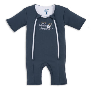 The HALO Baby Merlin's Magic Sleepsuit® 100% Cotton in dark gray features short sleeves and legs, two front zippers, white logo with a sleeping moon graphic—ideal as a baby sleep aid for swaddle transition.
