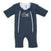 The HALO Baby Merlin's Magic Sleepsuit® 100% Cotton in dark gray features short sleeves and legs, two front zippers, white logo with a sleeping moon graphic—ideal as a baby sleep aid for swaddle transition.