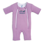 The HALO Baby Merlin's Magic Sleepsuit® 100% Cotton in lavender features long sleeves, dual front zippers, and a chest logo with moon and stars—perfect for swaddle transition and better baby sleep. Shown flat on a white background.