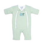 The HALO Baby Merlins Magic Sleepsuit® 100% Cotton, shown in light green with short sleeves, long legs, two white zippers, and a blue/yellow embroidered logo, is an ideal swaddle transition suit displayed flat on a white background.