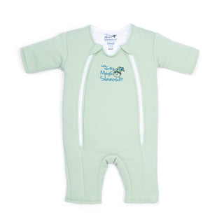 The HALO Baby Merlins Magic Sleepsuit® 100% Cotton, shown in light green with short sleeves, long legs, two white zippers, and a blue/yellow embroidered logo, is an ideal swaddle transition suit displayed flat on a white background.