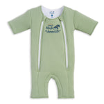 Light green short-sleeve HALO Baby Merlin's Magic Sleepsuit® 100% Cotton with two vertical zippers, moon and sleeping baby graphic—perfect for swaddle transition, offering comfort and convenience for your little one.