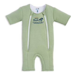 Light green short-sleeve HALO Baby Merlin's Magic Sleepsuit® 100% Cotton with two vertical zippers, moon and sleeping baby graphic—perfect for swaddle transition, offering comfort and convenience for your little one.