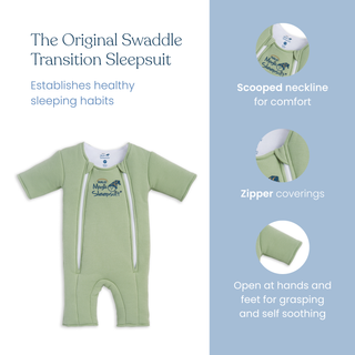 The HALO Baby Merlin's Magic Sleepsuit® 100% Cotton in green has zippers, a scooped neckline, zipper coverings, open hands and feet. Its design supports swaddle transition to help establish healthy sleep habits for babies.