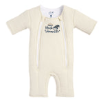 The HALO Baby Merlin's Magic Sleepsuit® 100% Cotton is a cream baby sleep suit with long sleeves and legs, dual front zippers, and a sleeping moon logo—ideal for swaddle transition.