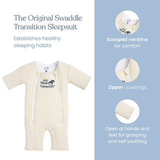 The HALO Baby Merlin's Magic Sleepsuit® 100% Cotton features an off-white design with a scooped neckline, zipper covers, and open hands and feet. A circular close-up on blue highlights its comfort for swaddle transition and soft fabric details.