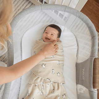A smiling baby lies in a HALO Swaddle Micro-Fleece TOG 3.0 with adjustable wings in a gray bassinet as an adult hand gently touches the babys chest, promoting healthy hip development. The warm and cozy scene suggests comfort and care.