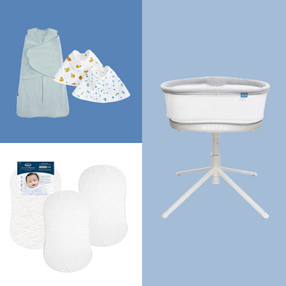 Four baby products on a color-blocked background: two ultra-soft HALO Bamboo SleepSack Swaddle blankets, three patterned HALO bibs, a packaged pair of white HALO burp cloths, and the HALO Smart Bassinet Bundle featuring AutoSoothe technology with a gray rim on a white stand.