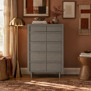 Lunar Gray Surrey Hill 5 Drawer Chest with five drawers and geometric triangle detailing on the drawer fronts.