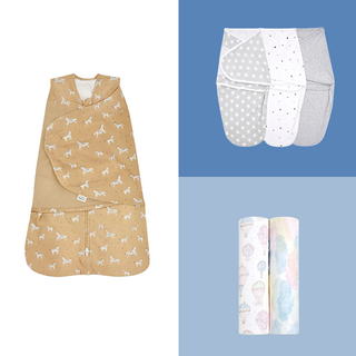 The aden + anais Swaddle Box Bundle includes a tan SleepSack Swaddle with white animal print, three gray and white Easy Swaddle blankets with stars and polka dots, and two pastel blankets featuring hot air balloon and cloud designs.