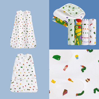 A collage features HALO’s The Very Hungry Caterpillar Bundle, displaying cotton swaddle blankets and wearable sleep sacks with colorful food and caterpillar designs on a blue background. A close-up spotlights the playful illustrations.