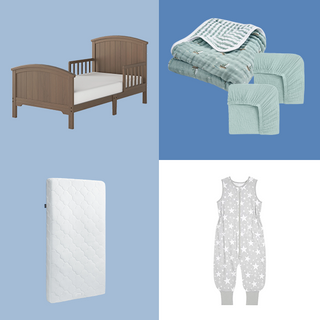 The Toddler Bedroom Bundle featuring a bed frame, crib mattress, two fitted sheets, a patterned throw blanket, and a gray star-print wearable blanket.
