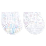 The aden + anais organic cotton muslin burpy bibs 2 pack includes two GOTS certified quilted white cloths featuring pastel hot air balloons and soft rainbow stripes. These curved designs with an overlapping flap offer ultimate comfort and style for babies.