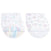 The aden + anais organic cotton muslin burpy bibs 2 pack includes two GOTS certified quilted white cloths featuring pastel hot air balloons and soft rainbow stripes. These curved designs with an overlapping flap offer ultimate comfort and style for babies.