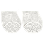 This pair of light gray oven mitts showcases intricate patterns of wild animals, trees, and leaves, featuring tigers and elephants. With a rounded shape and white border, the mitts combine elegance with practicality, crafted from silky soft fabric similar to aden + anaiss burpy bib fabric.