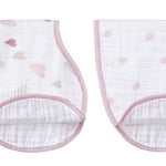 The aden + anais boutique 100% cotton muslin burpy bibs 2-pack features pink-edged, absorbent bibs with a no-slip, contoured shape. One sports pastel heart patterns and the other showcases similar shade polka dots for stylish and convenient use.