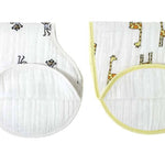This aden + anais set includes two boutique 100% cotton muslin burpy bibs. One bib features black monkeys with yellow trim, and the other highlights giraffes, both designed for superior functionality and style with their absorbent quilted muslin fabric.