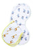 The aden + anais boutique 100% cotton muslin burpy bibs 2 pack features a patented design. One white bib has blue and yellow monkeys in a peanut shape, and the other has yellow trim with giraffes, both made of absorbent muslin for ultimate comfort.