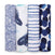 The aden + anais boutique 100% cotton muslin swaddle blanket 4 pack features four rolled-up blankets, each with a unique blue design: swirling waves, whale illustrations, stripes, and bold circles on white. These breathable swaddles ensure excellent absorbency for your babys comfort.