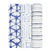 The aden + anais boutique silky soft swaddle blanket 3 pack includes blue and white designs: left has a star-like geometric pattern, middle features a maze-like design, and right displays horizontal dashed lines. Each one is infused with bamboo viscose for a silky soft feel.