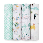 Check out aden + anais Boutique 100% Cotton Muslin Swaddle Blanket 4 Pack, featuring breathable blankets with distinct designs: green geometric shapes, travel-themed icons, abstract trees with dinosaurs, and a tropical toucan and giraffe print. Ideal for comfort and absorbency.
