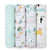Check out aden + anais Boutique 100% Cotton Muslin Swaddle Blanket 4 Pack, featuring breathable blankets with distinct designs: green geometric shapes, travel-themed icons, abstract trees with dinosaurs, and a tropical toucan and giraffe print. Ideal for comfort and absorbency.