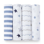 The aden + anais boutique 100% cotton muslin swaddle blanket pack includes four neatly folded blankets: navy and white stripes, navy stars with dots, wavy gray lines, and gray polka dots on a breathable white background.