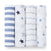 The aden + anais boutique 100% cotton muslin swaddle blanket pack includes four neatly folded blankets: navy and white stripes, navy stars with dots, wavy gray lines, and gray polka dots on a breathable white background.