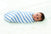 A baby lies comfortably in an aden + anais boutique 100% cotton muslin swaddle blanket, featuring blue and white stripes, on a soft white surface. The infants short brown hair and bright eyes enhance the cozy scene.