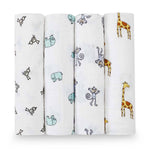 The aden + anais boutique 100% cotton muslin swaddle blanket 4 pack includes breathable, absorbent blankets with animal designs: birds, turtles, monkeys, and giraffes on a white background.