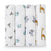 The aden + anais boutique 100% cotton muslin swaddle blanket 4 pack includes breathable, absorbent blankets with animal designs: birds, turtles, monkeys, and giraffes on a white background.